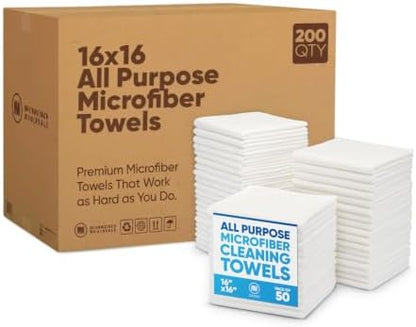 Microfiber Wholesale Bulk 16" x 16" All Purpose Towels Case Quantity (200 Count) | Large | No Fraying | High Density Microfiber | Zero Chemical Cleaner | Long-Lasting (White) by MicrofiberWholesale