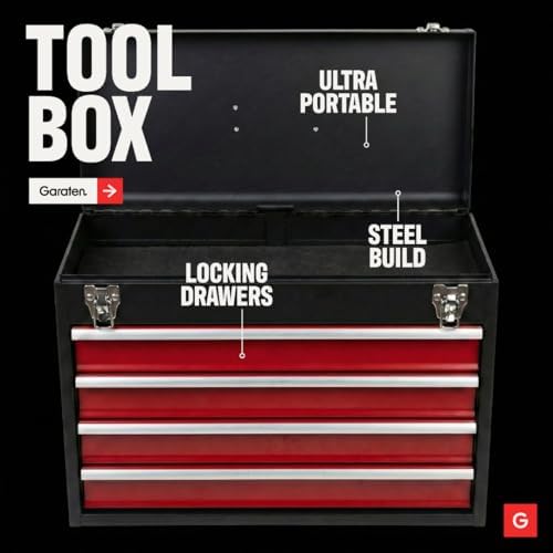4-Drawer Tool Box with Drawers - Portable Metal Tool Box for Mechanics - Heavy Duty Steel Tool Chest with Locking Latches and Top Storage Compartment, Red/Black - Image 2
