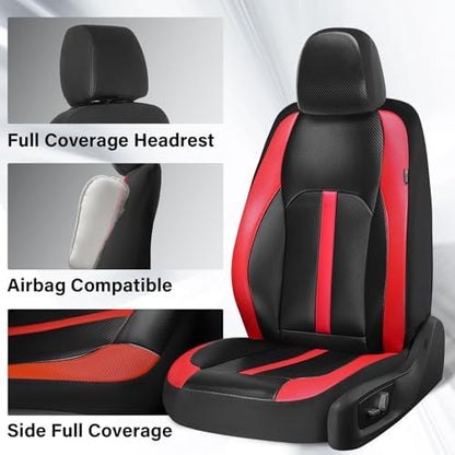 Coverado Leather Car Seat Covers Front Seats & Carbon Fiber, Waterproof and Durable All Weather Protector, Universal Fit for SUV, Pickup Truck, Sedan, Automotive Vehicle Interior, Black&Red - Image 3