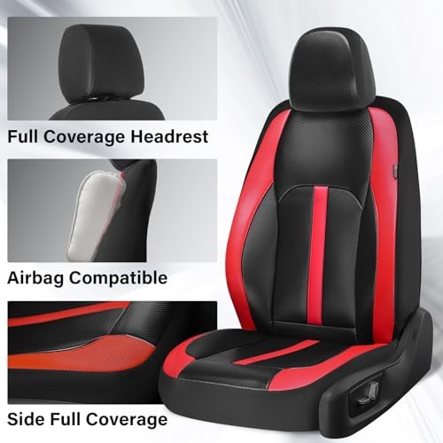 Coverado Leather Car Seat Covers Full Set & Carbon Fiber, Waterproof and Durable All Weather Protector, Universal Fit for SUV, Pickup Truck, Sedan, Automotive Vehicle Interior, Black&Red - Image 4