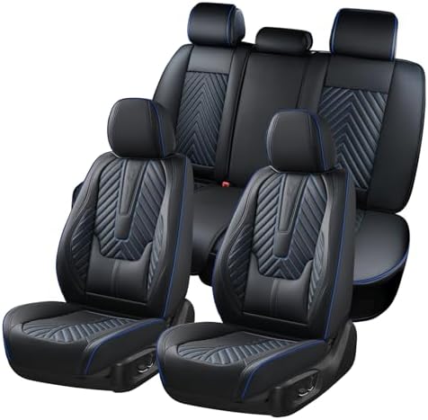 Coverado Car Seat Covers Full Set, Faux Leather Seat Covers for Car, Luxury Automotive Seat Covers Waterproof Car Seat Protector Universal Fit for Most Cars SUV Truck with Lumbar Support(Black&Blue) by COVERADOAUTO