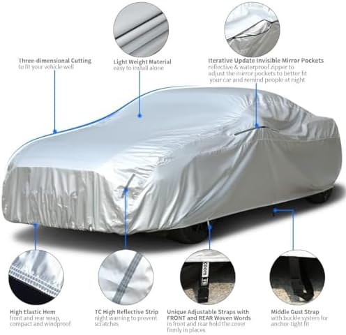 Tecoom Hard Shell Car Cover Waterproof UV-Proof Windproof for All Weather Indoor Outdoor Without Door Zipper & Mirror Pockets Fit 173-182 Inches Length Coupe/Convertible/Sport Car - Image 4
