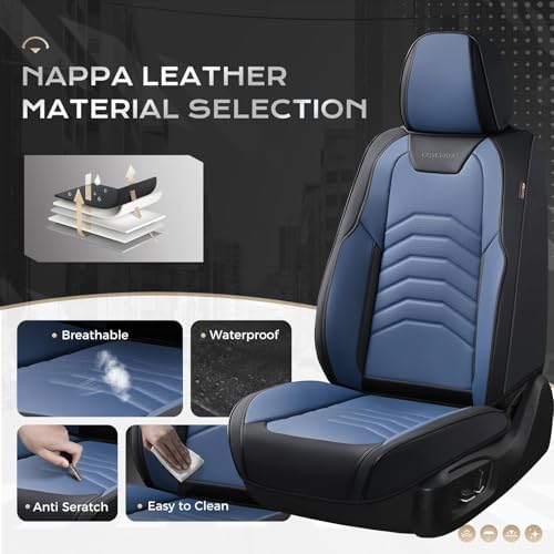 Coverado Car Seat Covers Full Set, Universal Seat Covers for Cars, Car Seat Protector Waterproof, Nappa Car Seat Cushion, Car Seat Covers Front Seats and Back Fit for Most Cars Trucks SUV, Black&Blue - Image 5