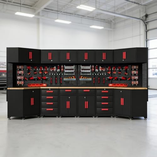 2Pcs Corner Garage Storage Cabinet System,Steel Cabinet,Red Handle - Image 7