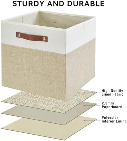Bagnizer 13x15x13 Storage Cube Bins, Foldable Storage Organizer Baskets, Fabric Cube Storage Boxes with 2 Reinforced PU Handles for Kallax, Shelves, Living Room | 4 Pack, Beige & White - Image 5