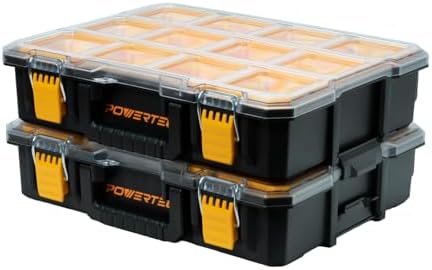 POWERTEC Small Parts Organizer & Tool Box – 10 Compartments, IP65 Water & Dust Protection, Stackable Storage with Interlocking Latch, Removable Tray, Clear Lid, Portable Design, 2-Pack (72365-P2) by POWERTEC