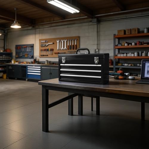 3 Drawer 20“ Metal Tool Box Portable Steel Tool Chest with Metal Latch Closure for Garage, Home and Workbench,Black - Image 7