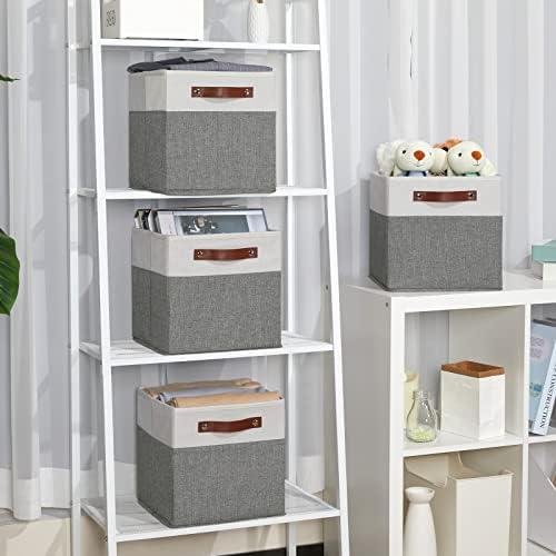 Temary Cube Storage Bins 4 Pack Storage Cubes 11?11 Fabric Storage Bins Foldable Cube Storage Baskets with Handles, Collapsible Storage Basket for Shelf (White & Grey, 11 x 11 x 11) - Image 5
