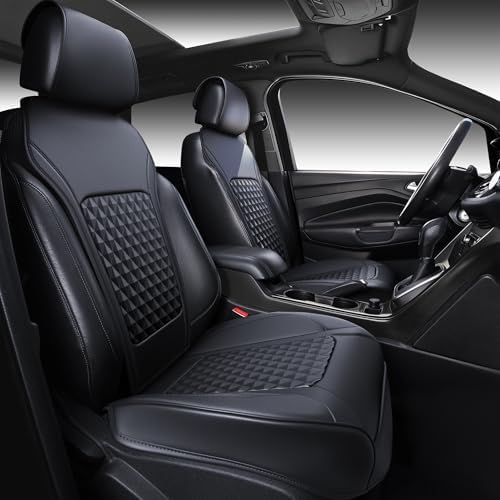 2Pack Front Car Seat Covers Leather Memory Foam Water Proof Seat Protector Universal Fit for Cars SUVs Trucks Most Vehicles, 3D Foam Rhombus Sideless, Airbag Compatible Non-Slip, 2 Pcs Black by CARPASS