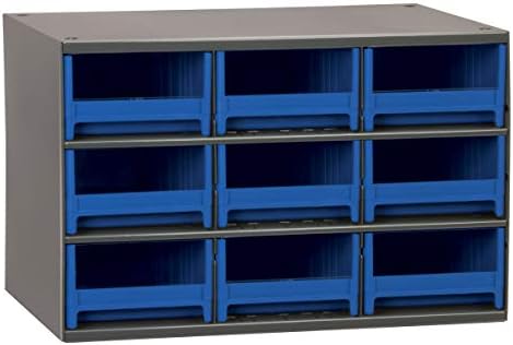 Akro-Mils Steel Garage Storage Cabinet, Small Parts Organizer Metal Cabinet for Hardware, Nails, Screws, Bolts, Nuts, and More, 17" W x 11" D x 11" H, 9-Drawer, Gray Cabinet/Blue Drawers (19909) by Akro-Mils