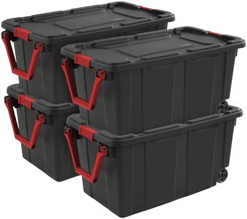 Sterilite Heavy Duty 40 Gallon Wheeled Industrial Storage Tote, 4-Pack, Black by Sterilite