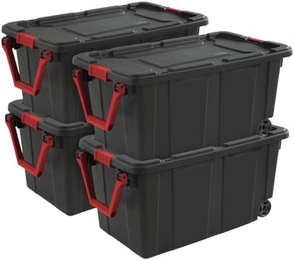 Sterilite Heavy Duty 40 Gallon Wheeled Industrial Storage Tote, 4-Pack, Black by Sterilite