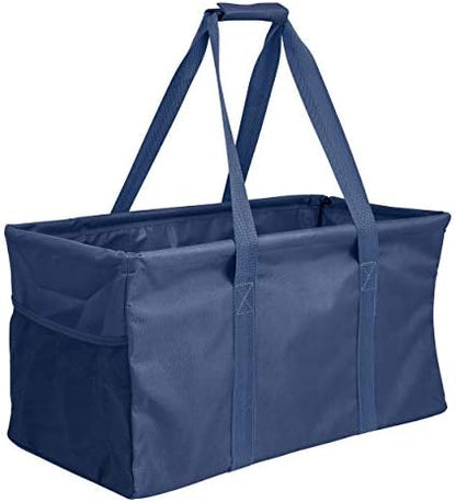 Extra Large Utility Tote Bag - Oversized Collapsible Reusable Wire Frame Rectangular Canvas Basket With Two Exterior Pockets For Beach, Pool, Laundry, Car Trunk, Storage - Navy Blue by Lucazzi