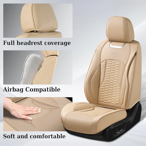 Coverado Car Seat Covers Full Set, Nappa Leather Seat Covers for Cars, Waterproof Automotive Car Seat Covers Interior Accessories Universal Fit Most Sedans, SUVs, Pick-up Trucks(Beige) - Image 3