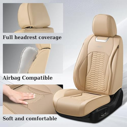 Coverado Car Seat Covers Full Set, Nappa Leather Seat Covers for Cars, Waterproof Automotive Car Seat Covers Interior Accessories Universal Fit Most Sedans, SUVs, Pick-up Trucks(Beige) - Image 3