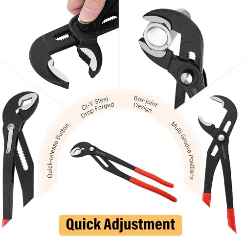 MAXPOWER 10" & 12" Tongue and Groove Pliers, Push-Button Adjust, V-Jaw - Image 5