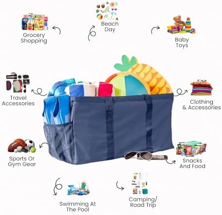 Extra Large Utility Tote Bag - Oversized Collapsible Reusable Wire Frame Rectangular Canvas Basket With Two Exterior Pockets For Beach, Pool, Laundry, Car Trunk, Storage - Navy Blue - Image 3