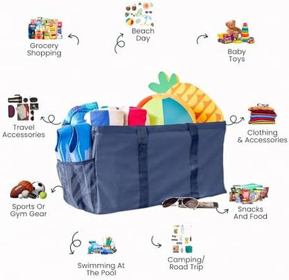 Extra Large Utility Tote Bag - Oversized Collapsible Reusable Wire Frame Rectangular Canvas Basket With Two Exterior Pockets For Beach, Pool, Laundry, Car Trunk, Storage - Navy Blue - Image 3