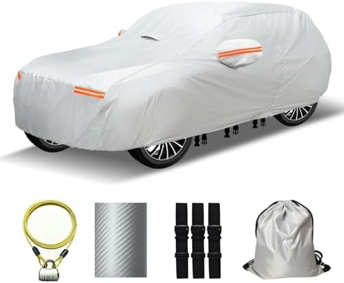 30 Layers SUV Car Cover for Automobiles All Weather Waterproof, Outdoor Snowproof UV Protection Windproof, Door Zipper, Soft Cotton, Heavy Duty Universal Car Covers, (Silver, Fit SUV 191"-200") by OWEEIO