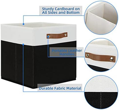 Temary Fabric Storage Bin 4 Pack Cube Storage Bin for Shelf Fabric Cube Storage Basket 13 Inch Cube Storage Bins Foldable Storage Cubes with Leather Handles(White&Black) - Image 3