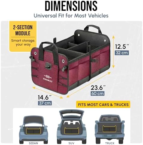 Car Trunk Organizer - Collapsible, Foldable - with Covering Net, Removable Dividers, Attachable Non-Slip Pads, Mounting Straps, and Stainless Hooks - for SUV, Truck, Sedan, Minivan, and Van - Cherry - Image 3