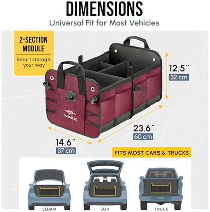 Car Trunk Organizer - Collapsible, Foldable - with Covering Net, Removable Dividers, Attachable Non-Slip Pads, Mounting Straps, and Stainless Hooks - for SUV, Truck, Sedan, Minivan, and Van - Cherry - Image 3