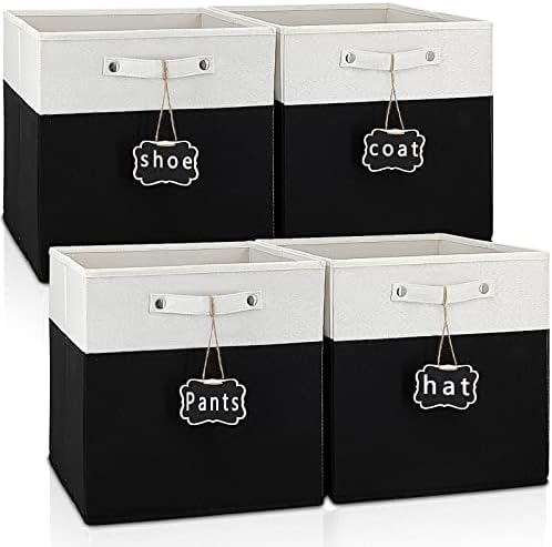 11 cube storage bins,Set of 4 Collapsible Fabric Storage Cubes with Labels,Linen Cube Storage Organizer Bins Kallax Storage Cubes for Organizing Office,Shelves,Nursery Toys,Clothes(White Black). by Storageexperts