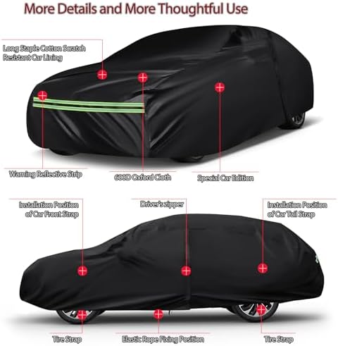 16-Layer 600D Heavy Duty All Weather Car Cover, Waterproof UV Snow Dust Scratch Resistant Universal Full Cover for MPV 199"-210"/ 16.5-17.5 ft Outdoor Indoor Black - Image 2