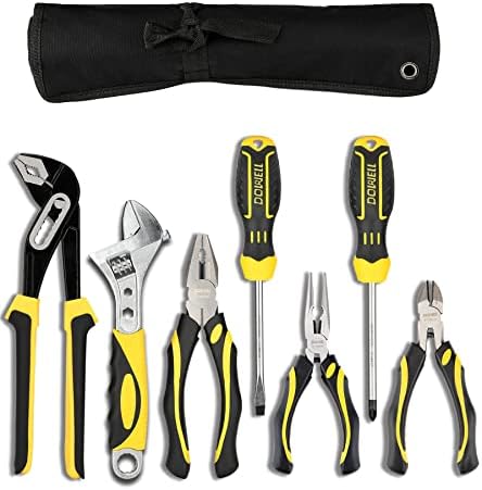 DOWELL 7-Piece Pliers Set - 10-Inch Groove Joint, 8-Inch Adjustable Wrench, Combination, 6-Inch Long Nose, Diagonal Cutting, Screwdrivers - Maintenance Tool Kit With Pouch by DOWELL