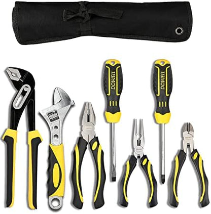 DOWELL 7-Piece Pliers Set - 10-Inch Groove Joint, 8-Inch Adjustable Wrench, Combination, 6-Inch Long Nose, Diagonal Cutting, Screwdrivers - Maintenance Tool Kit With Pouch by DOWELL
