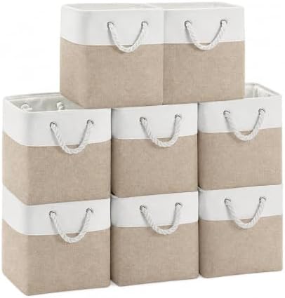 11x11 Inch Cube Storage Bins, 8 Pack Collapsible Fabric Storage Cubes with Rope Handles, Waterproof Foldable Storage Baskets for Cube Shelves, Closet, Clothes, Toys, Books, White & Beige by MSHABOOR