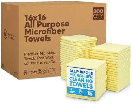 Microfiber Wholesale Bulk 16" x 16" All Purpose Towels Case Quantity (200 Count) | Large | No Fraying | High Density Microfiber | Zero Chemical Cleaner | Long-Lasting (Yellow) by MicrofiberWholesale