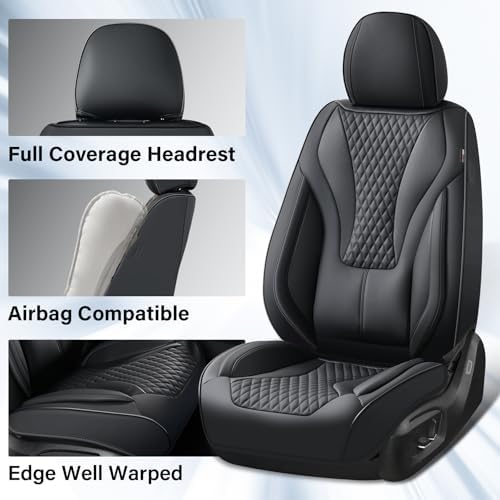 Coverado Waterproof Nappa Leather Car Seat Covers Full Set, 5-Seat Car Seat Protector, Front & Rear Cushions Fit for Most Sedans, SUVs,Trucks，Black - Image 4