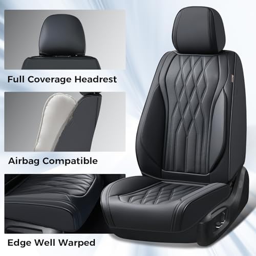 Coverado Front Seat Covers, Car Seat Protector, Waterproof Nappa Leather Cushion, Fit for Most Sedans SUV Pick-up Truck-Black - Image 2