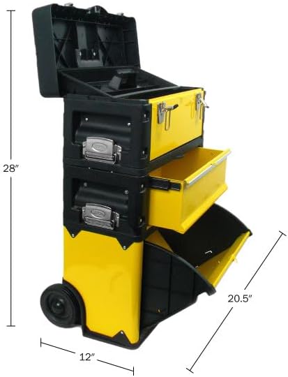 Portable Tool Box on Wheels - Stackable 3-in-1 Chest for Workshops and Craft Rooms - Foldable Comfort Handle and Latches by Stalwart (Black/Yellow) - Image 5
