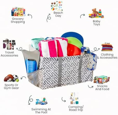 Extra Large Utility Tote Bag, Oversized Collapsible Reusable Wire Frame Rectangular Canvas Basket With Two Exterior Pockets For Beach, Pool, Laundry, Car Trunk, Storage - Geo Grey - Image 3
