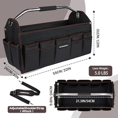 22 In Tool Carrier, Open Top Tool Tote 30 Pockets, Waterproof Tool Bag For Men, Foldable Wide Mouth Electricians Tool Bag, With Stainless Steel Handle and Removable Shoulder Strap - Image 2