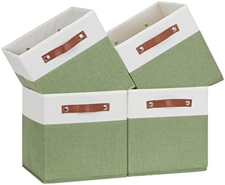 Temary Fabric Storage Bin 11x11 Cube Storage Bins for Home, 4 Pack Fabric Organizer Bins Cube Organizer Bins with Leather Handles Decorative Storage Bins for Shelf (White&Green) by TEMARY