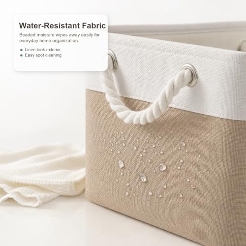 11x11 Inch Cube Storage Bins, 8 Pack Collapsible Fabric Storage Cubes with Rope Handles, Waterproof Foldable Storage Baskets for Cube Shelves, Closet, Clothes, Toys, Books, White & Beige - Image 3