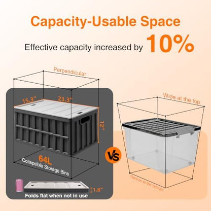 Citylife 64L Collapsible Storage Bins with Lids Plastic Storage Containers for Organizing Stackable Storage Box Large Heavy Duty Utility Crates, 2 Packs - Image 6