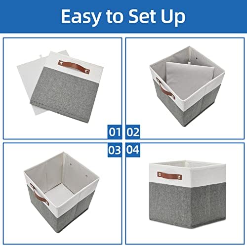 Temary Cube Storage Bins 4 Pack Storage Cubes 11?11 Fabric Storage Bins Foldable Cube Storage Baskets with Handles, Collapsible Storage Basket for Shelf (White & Grey, 11 x 11 x 11) - Image 7