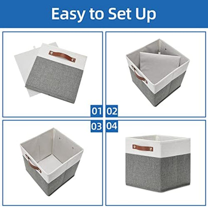 Temary Cube Storage Bins 4 Pack Storage Cubes 11?11 Fabric Storage Bins Foldable Cube Storage Baskets with Handles, Collapsible Storage Basket for Shelf (White & Grey, 11 x 11 x 11) - Image 7