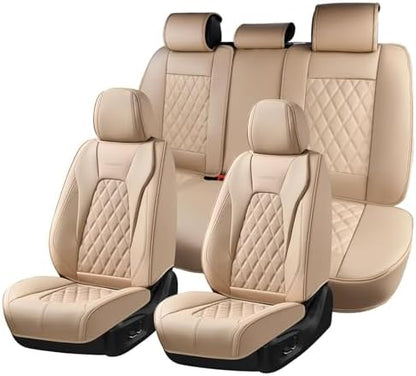 Coverado Leather Seat Covers, Car Seat Cover Full Set, 5 Seats Beige Seat Covers, Automotive Seat Covers Waterproof Car Seat Cushion Protectors Universal Seat Cover Fit for Most Cars Trucks SUV by COVERADOAUTO