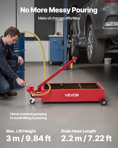VEVOR Low Profile Oil Drain Pan, 20 Gallon Capacity, Rolling Oil Drain Pan with Manual Pump, 7.2 ft Hose & T Folding Handle, Leak-Proof & Corrosion-Resistant, Fit for Cars, SUVs, Trucks, ATVs, Red - Image 2
