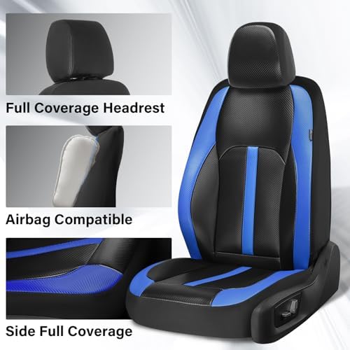 Coverado Leather Car Seat Covers Front Seats & Carbon Fiber, Waterproof and Durable All Weather Protector, Universal Fit for SUV, Pickup Truck, Sedan, Automotive Vehicle Interior, Black&Blue - Image 3