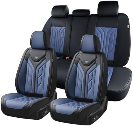 Coverado Car Seat Covers Full Set, Automotive Seat Covers Car Seat Protector Car Seat Cushion, Waterproof Leather Seat Covers for Cars, Universal Fit for Most Sedans SUV Pick-up Truck(Black&Blue) by COVERADOAUTO