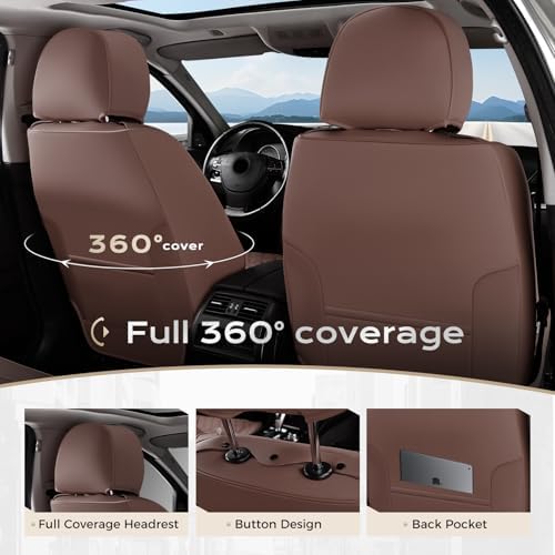 Coverado Front Seat Covers, Luxury Faux Leather Durable Anti-Scratch Cushions, Universal Fit for Cars, SUVs, Pickups, Waterproof Automotive Seat Covers, Car Accessories – Brown - Image 3