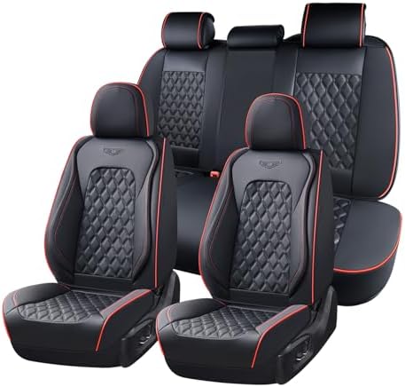 Coverado Full Set Car Seat Covers, Luxury Faux Leather Waterproof Seat Covers, 5-Seat Universal Fit, Front & Back Car Seat Protectors,Leather Seat Covers for Most Cars-Black & Red Line by COVERADOAUTO