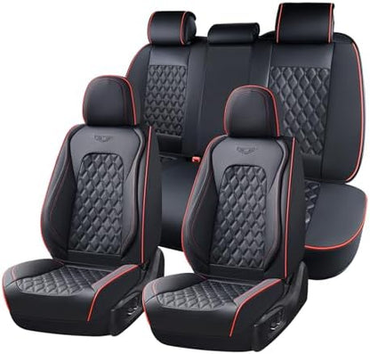 Coverado Full Set Car Seat Covers, Luxury Faux Leather Waterproof Seat Covers, 5-Seat Universal Fit, Front & Back Car Seat Protectors,Leather Seat Covers for Most Cars-Black & Red Line by COVERADOAUTO