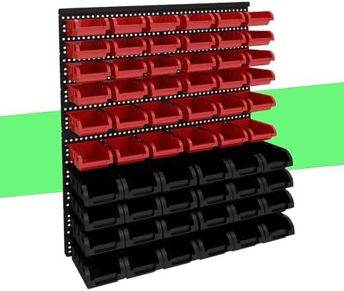 60Pcs Plastic Wall Mounted Storage Bins Parts Rack Nuts And Bolt Bins Organizer For Shop Garage for Screws, Nuts, Bolts, Nails, Beads, and Small Hardware Parts(RED+BLACK, 60) by Unknown